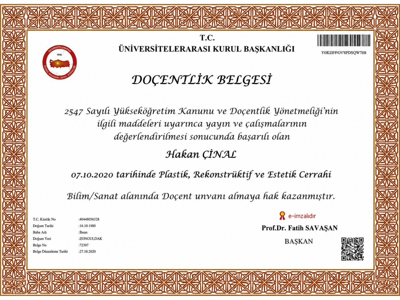 Doçentlik Belgesi — Associate Professorship Certificate