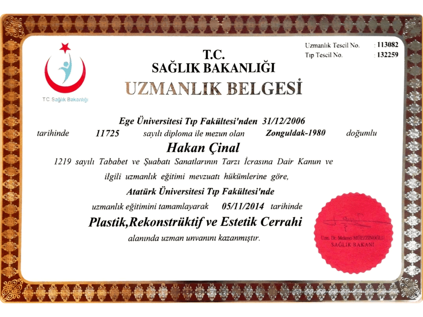 T.C. Sağlık Bakanlığı Uzmanlık Belgesi — Specialist Certificate