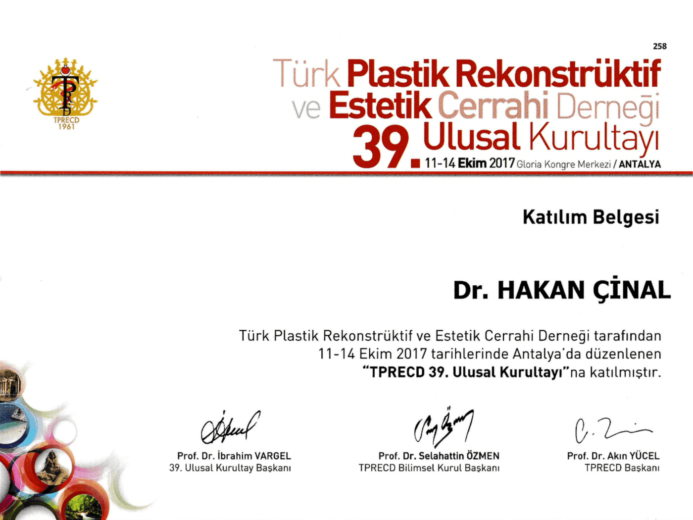 Türk Plastik Rekonstrüktif ve Estetik Cerrahi Derneği — 39th National Congress Certificate